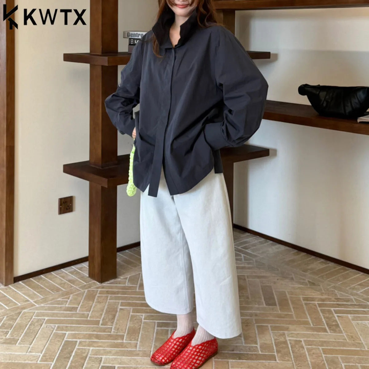 

KWTX Women's Stand Collar Blouse Diagonal Buttons Single Breasted Chic Elegant Casual Spring Summer Comfortable Designer Premium