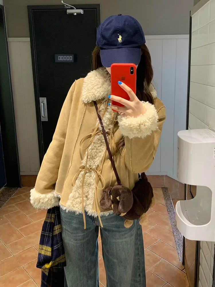 

Korean Sle ort Lamb Fur Jaet Women's Cute Plu Cotton Top Warmth Casual Sle Thiened Polyester Fiber Coat