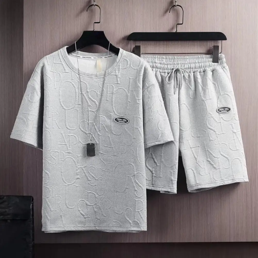 2 Pcs/Set Stylish Solid Color Men T-shirt Shorts Set Short Sleeves O Neck Summer T-shirt Shorts Set Exercise