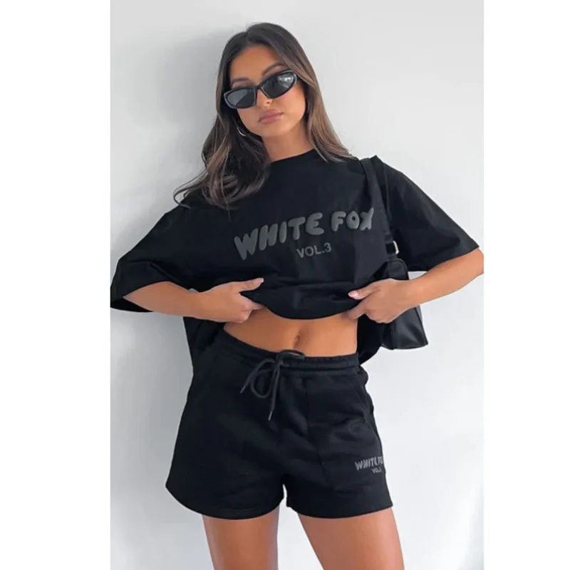 

Letter Print Solid Sports Short Suit Trendy Cotton O-neck T-shirt Drawstring Short Two Piece Set Loose Casual Set Women Clothong