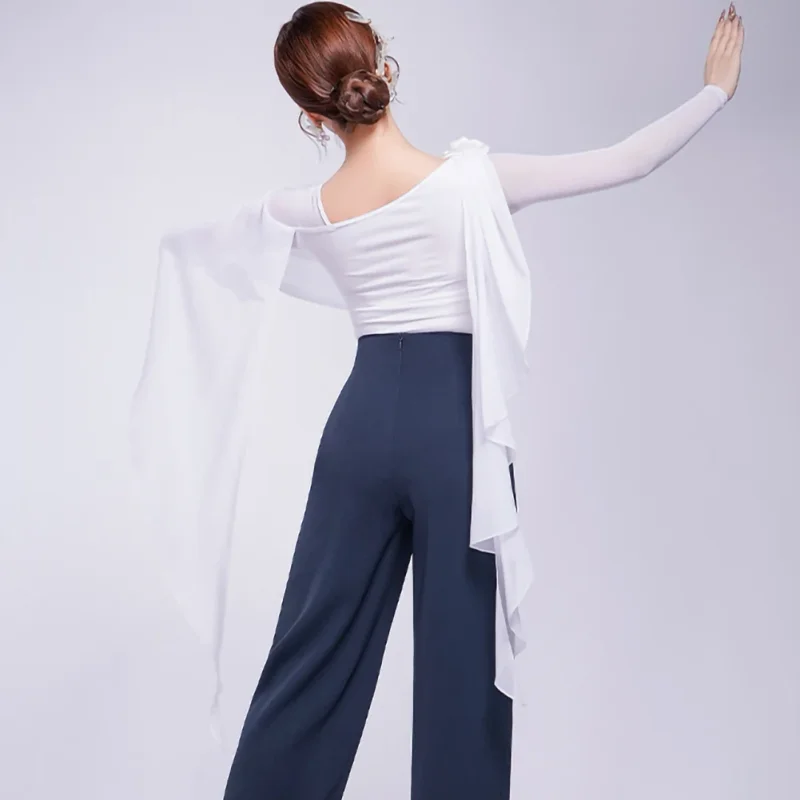 Nieuwe witte ballroom danswedstrijd dans top lange mouw oefenjurk zwart moderne dans shirt paarse sjaal wals