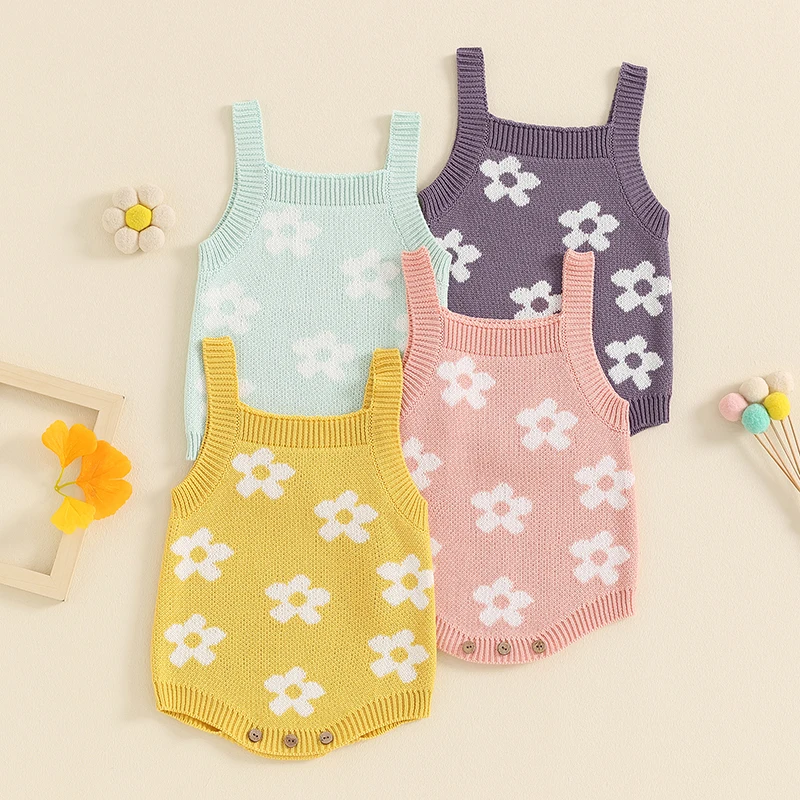 

Suefunskry Baby Girl Summer Knit Romper Casual Floral Print Square Neck Sleeveless Jumpsuit for Newborn Toddler Cute Clothes