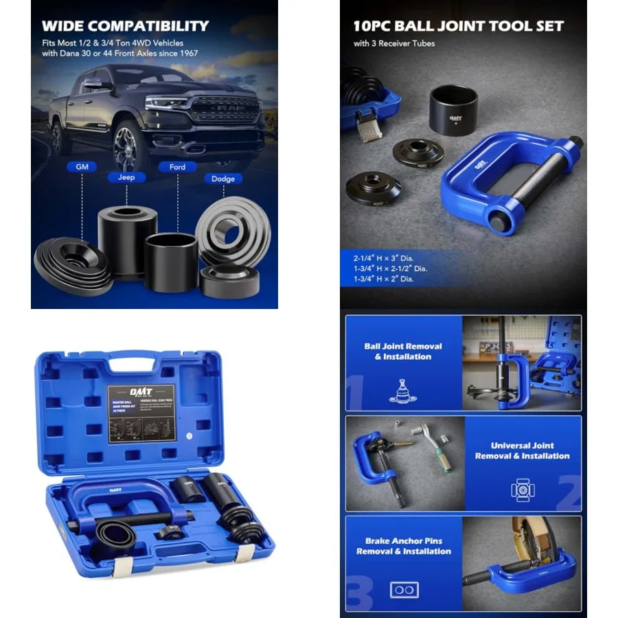 

Ball Joint Press Kit, Heavy Duty Ball Joint Removal Tool Kit with 4x4 Adapters, for Most 2WD and 4WD Cars and Light Trucks