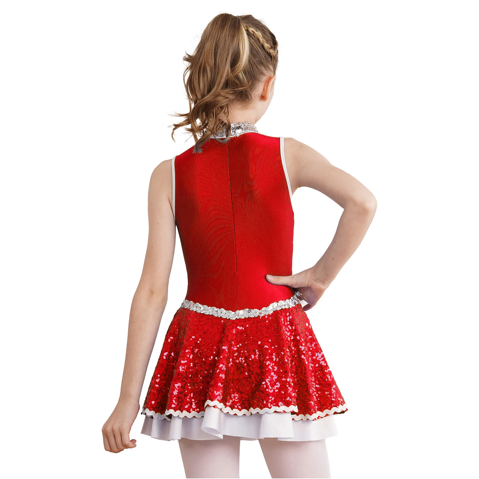 Vestido de baile de uniforme de porristas para niñas, vestido de baile sin mangas, lentejuelas brillantes decoradas, estilo Patchwork, cremallera