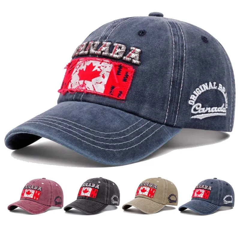 Nuevos sombreros de béisbol con bordado de letras y bandera canadiense Unisex, sombrilla Retro transpirable, gorras con visera desgastada, moda informal versátil