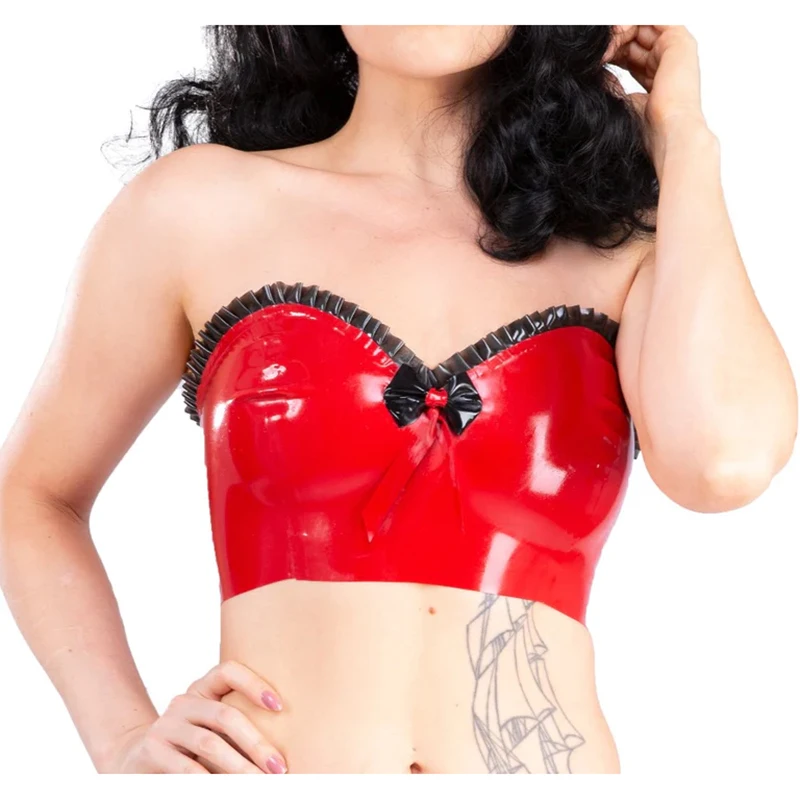 

Красный и прозрачный черный сексуальный латексный топ без рукавов с оборками и бантами, укороченные бюстгальтеры, резиновая рубашка, одежда 053