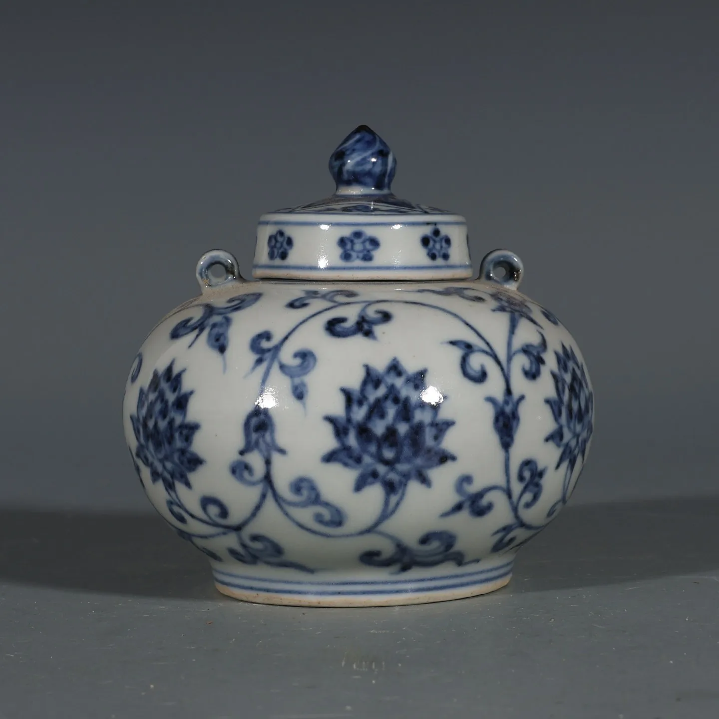 3.54 inch Chinese Ming Blue and White Porcelain Lotus Pattern Pot Tea Caddy Double Lid Pot