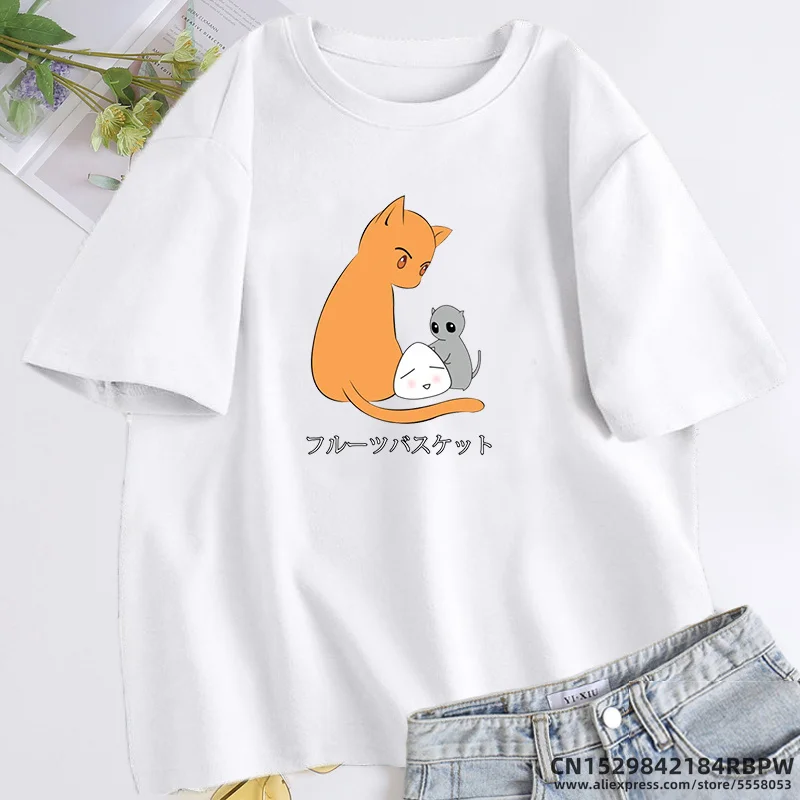 Fruit Basket Cat Mouse Tshirt Oversize Cotton Anime T-shirt Summer Cute Kawaii Clothes Unisex Short Sleeve Women\'s Clothing Tees