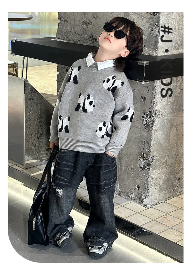 Koreanische Niedliche Kinder-Panda-Pullover mit Cartoon-Drucken, Strickwaren für Jungen, Graue Panda-Kostüme, Kinder-Strickkleidung für Alter 2 3 5 7 9 11 Jahre – Detail 11