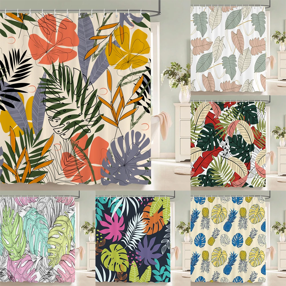 

Tropical Plant Leaves Shower Curtain Nordic Minimalist Floral Bath Curtain Waterproof Fabric 3D Bathroom Curtains With Hooks