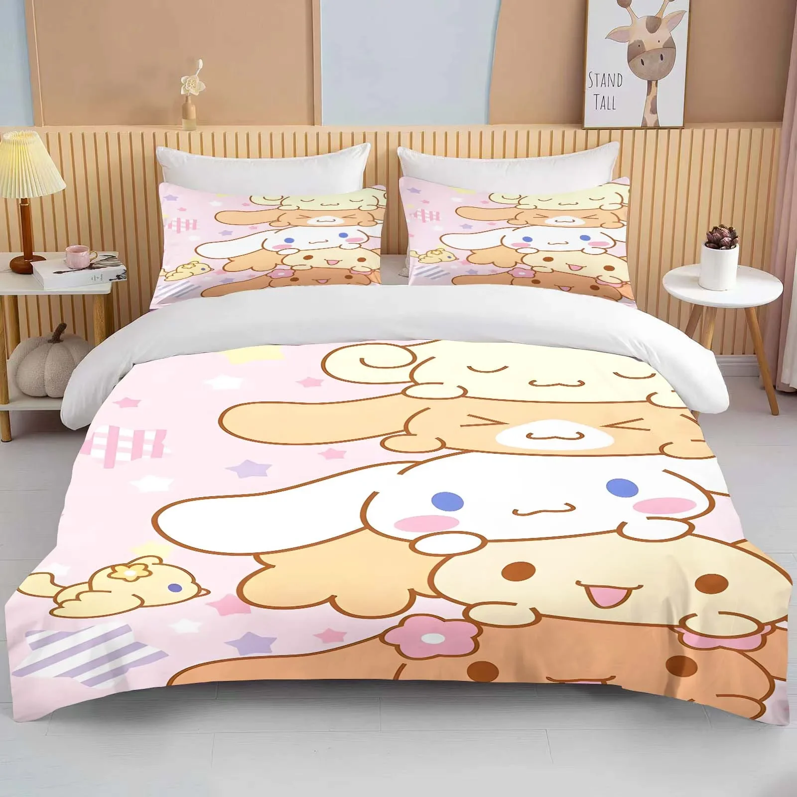 Kawaii Sanrio Cinnamoroll Zestaw pościeli z nadrukiem Poszwa na kołdrę 1 poszwa na kołdrę 2 poszewki na poduszki Zestaw pościeli dla dorosłych i