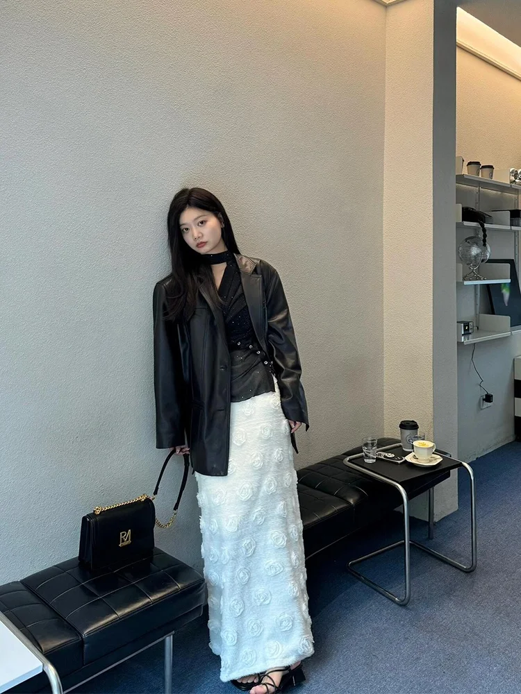 2025 신상 퓨어 블랙 수트 가죽 자켓 여성용 가을 겨울 루즈핏 개성있는 하이엔드 심플 가죽 자켓 한국 스타일