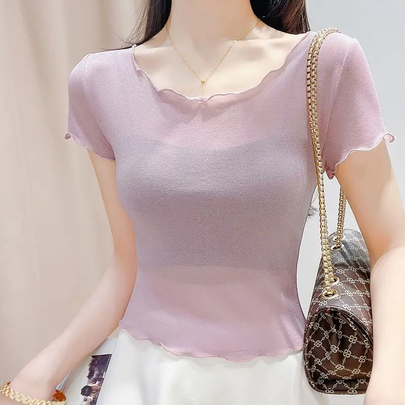 أزياء كوريا 90s عادي الصيف الزي ضئيلة شبكة المرأة تي شيرتات قصيرة الاكمام الكورية مراجعات العديد من الملابس بيع أنيقة أعلى الإناث