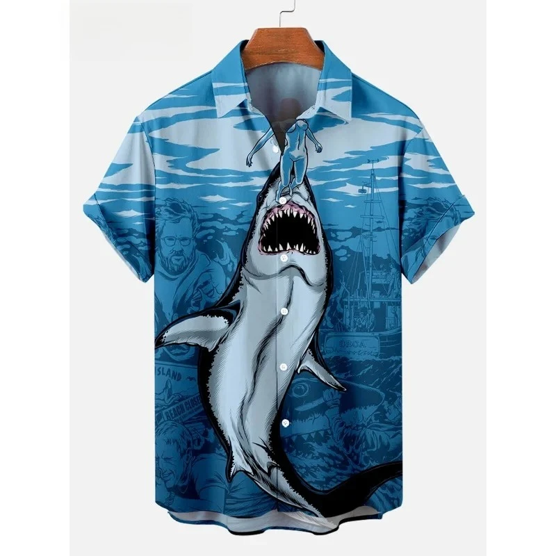 Cool Ocean Animal Pattern Hawaiian Men's Shark Print Short Sleeved Casual Shirt