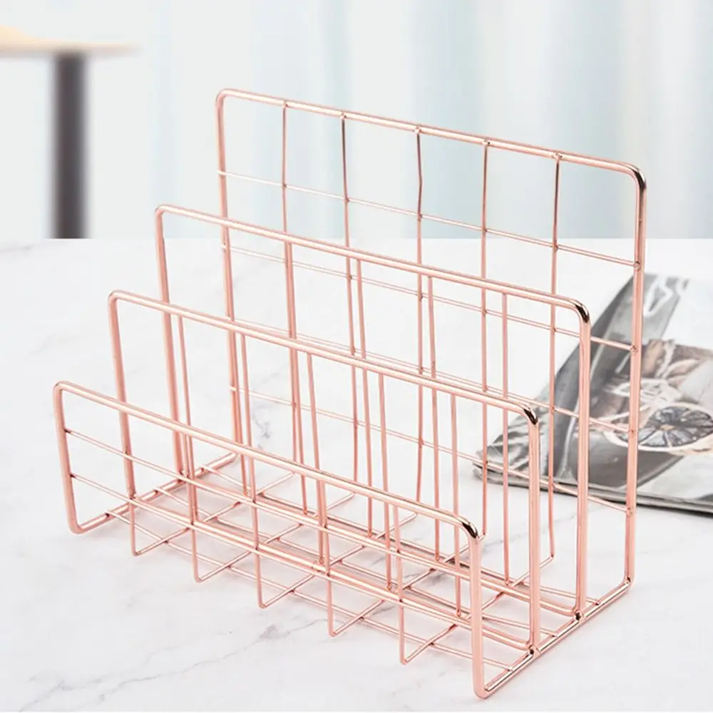 Lightweight Nordic Iron Bookshelf Rose Gold Sturdy Book Record Holder 3 Slots Save Space Document Storage Shelf Letter Organizer