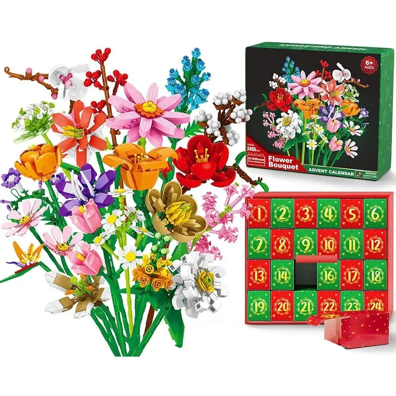 

Christmas Countdown Flower Bouquet Building Blocks 24 Days Advent Calendar Surprise Blind Box for Kids Adults Holiday DIY Gifts