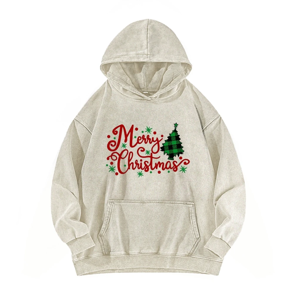 Merry Christmas Casual Washed Unisex Hoodie Festive Stars Snowflakes Christmas Tree Patterns Sweatshirt Vintage Women’s Sweater