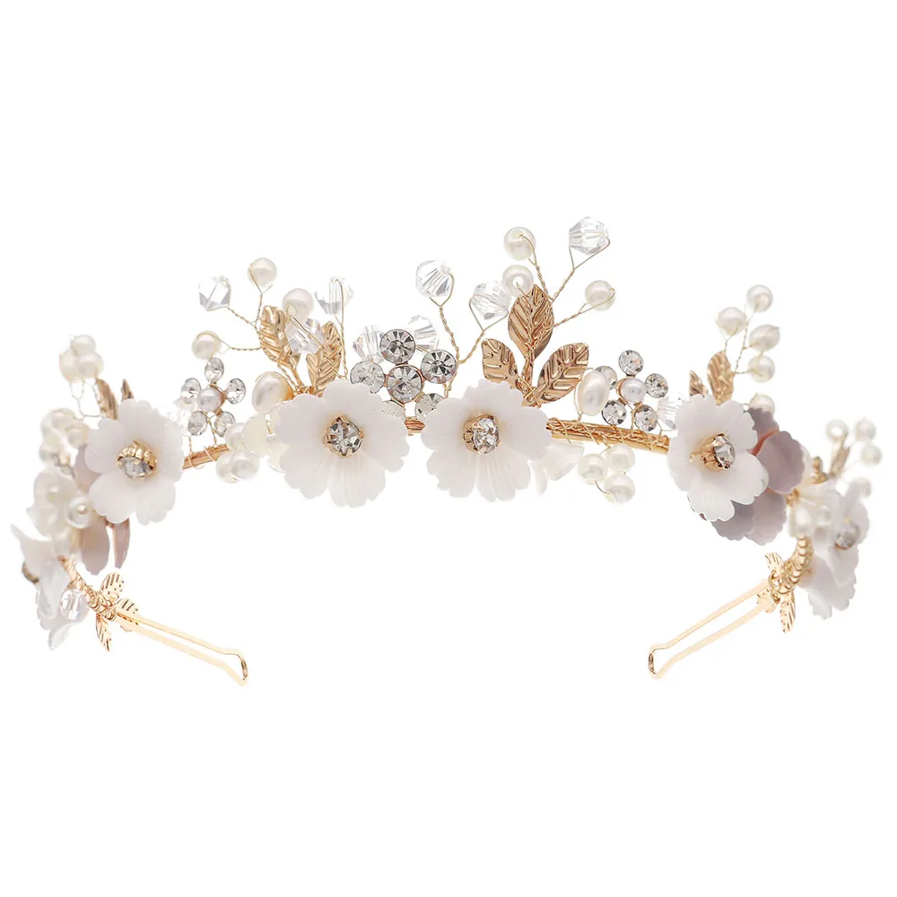 SLBRIDAL Handgefertigte Kristall-Strass-Perlen Blumen-Blatt Braut-Tiara Stirnband Hochzeitskrone Haaraccessoires Damen Mädchen Schmuck – Detail 5
