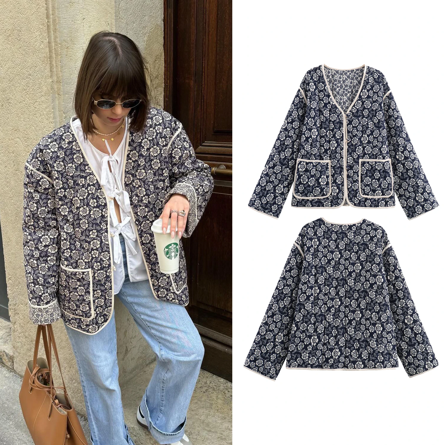 

Women's Vintage Jacket Coat Double-Sided Floral Print V-Neck Single-Breasted Patch Pocket Loose Overcoat Autumn Winter Chic Coat