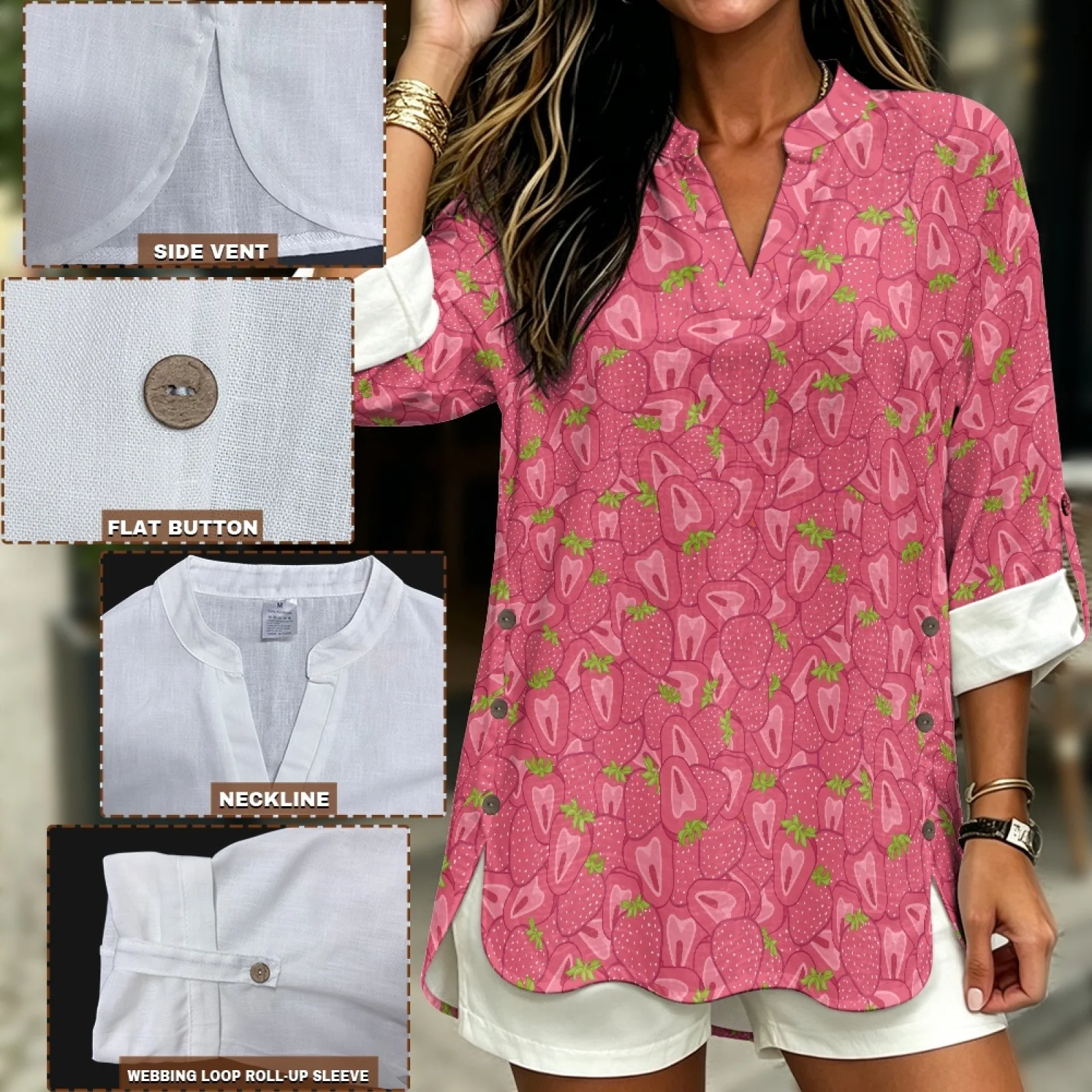 PENSTROLL Pink Strawberry Linen-Like Women's Long Sleeve V-Neck Blouse Casual Fit V Neck Shirt for Travel Sizes S-5XL view 5