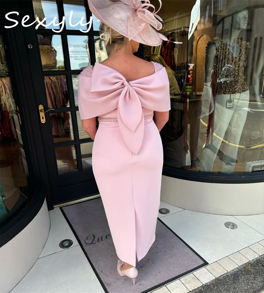 Exquisite Pink Mother Of The Bride Dress Elegant Beaded Tea Length Midi Wedding Guest Dress Satin Women Evening Party Customized