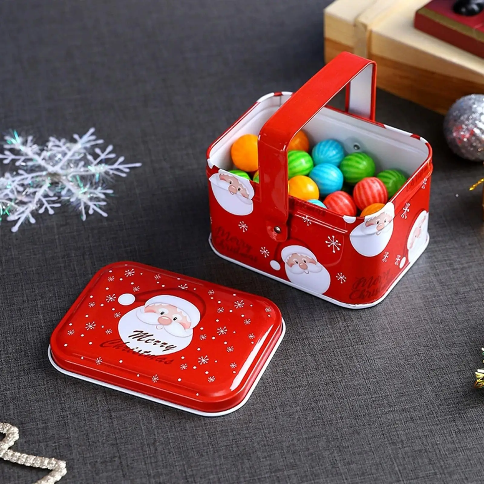 1pcs Christmas Cookie Tins Metal Santa Claus Snowflake Container With Lid And Handle Christmas Cookie Boxes For Holiday Snack