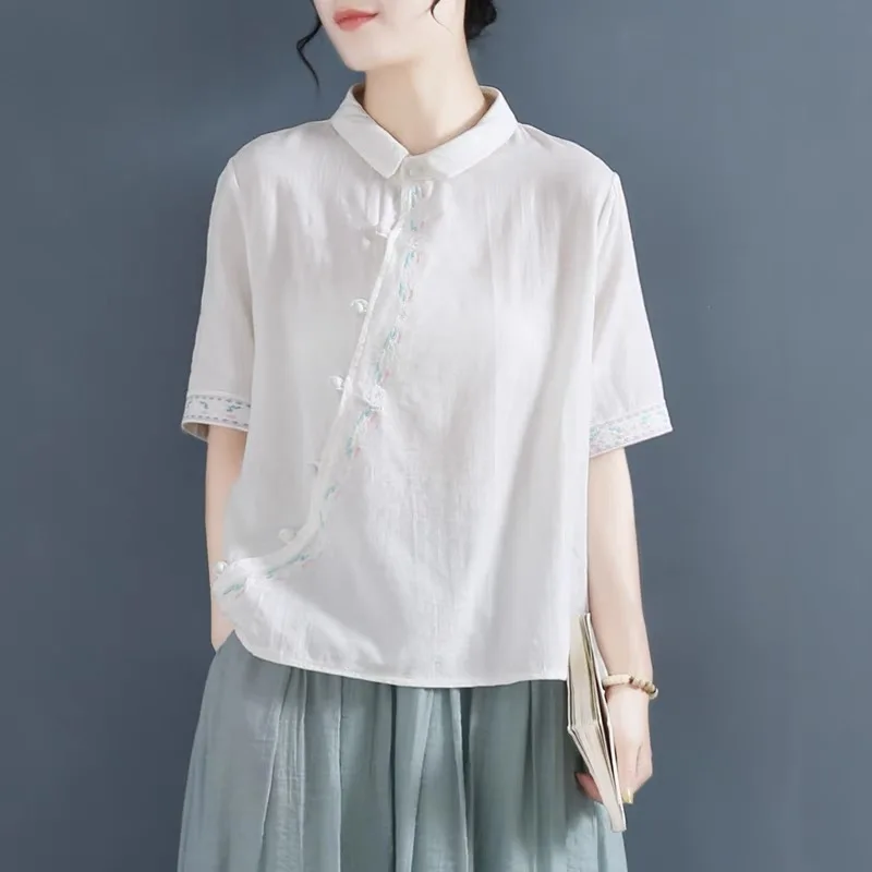 

New Chinese Sle Women's Cotton Linen irt Summer Faion Anti-Aging Small Tea Clothing Reformed Button up Top Collar