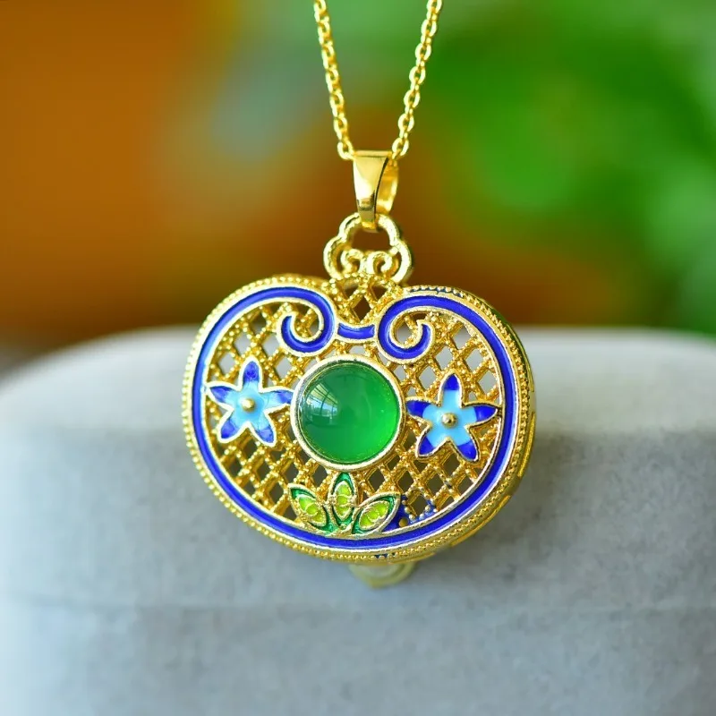 Copper Inlaid Chalcedony Round Drum Surface Ruyi Lock Enamel Hollow Pendant Exquisite Fashion New Chinese Women's Necklace