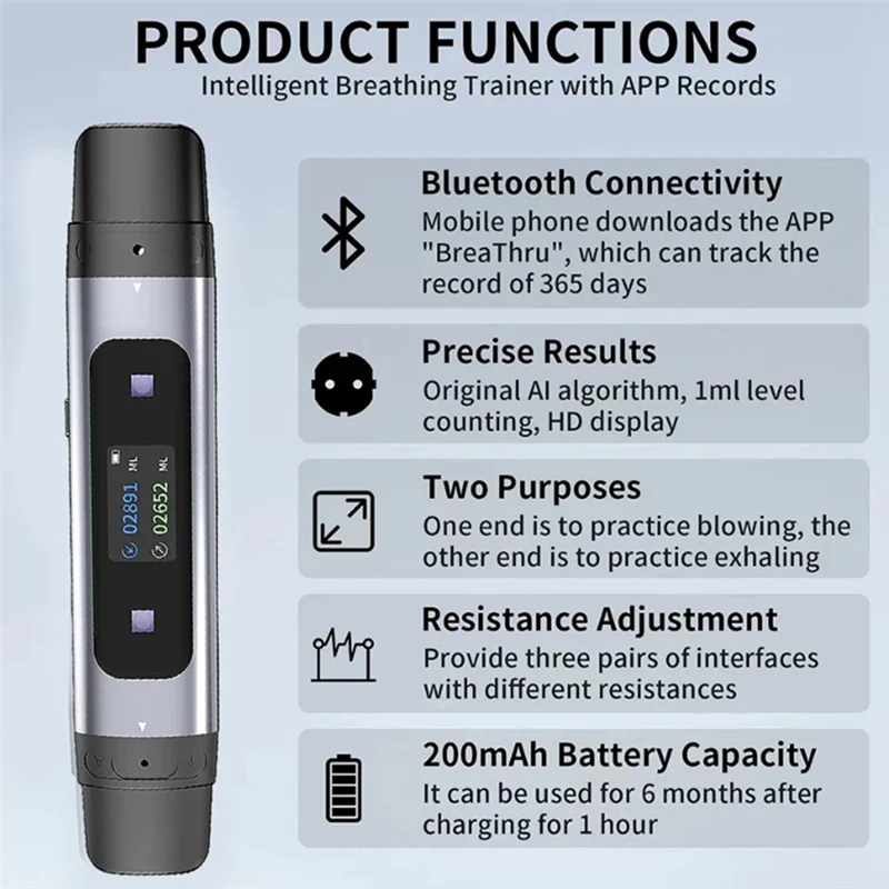-BOFF Espirómetro Bluetooth Grabación de datos de teléfono móvil Equipo de resistencia Adecuado para niños y adultos Entrenamiento de respiración pulmonar