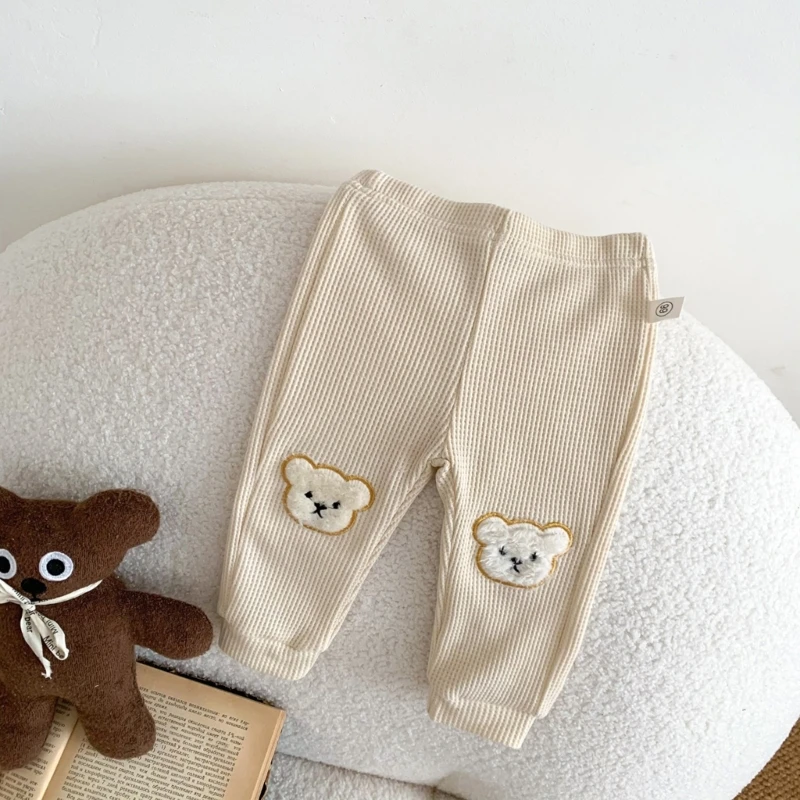 Cotton Baby Pants Cute Cartoon Bear Applique Boys Girls Pants Mid Elastic Waist Trousers Toddlers Baby Ribbed Casual Pants