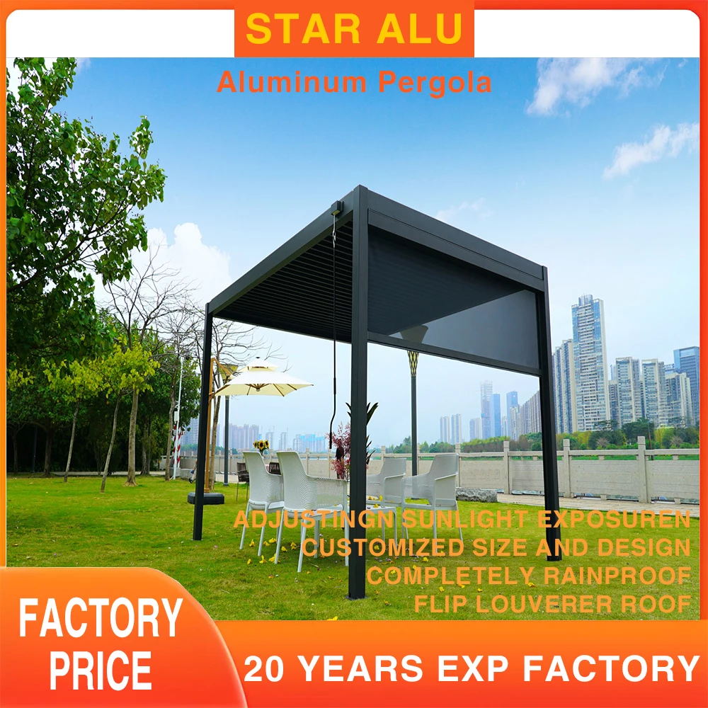Bioclimatic 6063 T5 Aluminum Motorized Louvered Pergola LED Light Swimming Pool Waterproof Electric Gazebo Patio Garden Custom