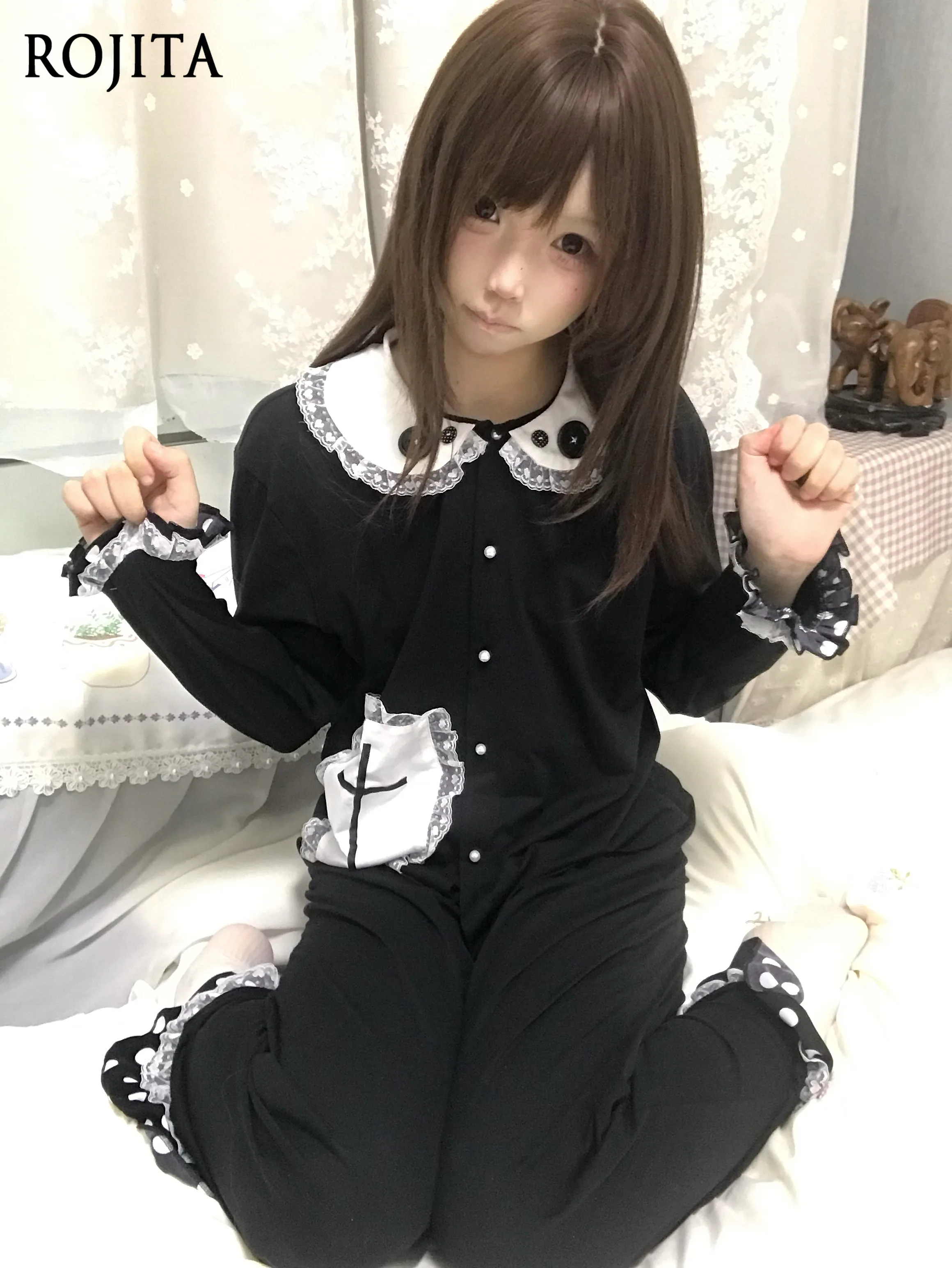 Gothic Dark Two‑Piece Pajama Set Print Lace Collar Polka Dot Spliced Cuffs Top & Elastic Waist Pants Lolita Loungewear