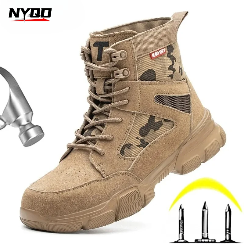 

Outdoor Men Riding Boot Anti-puncture Safety Work Steel Toe Shoes Indestructible Desert Combat Boots Protective