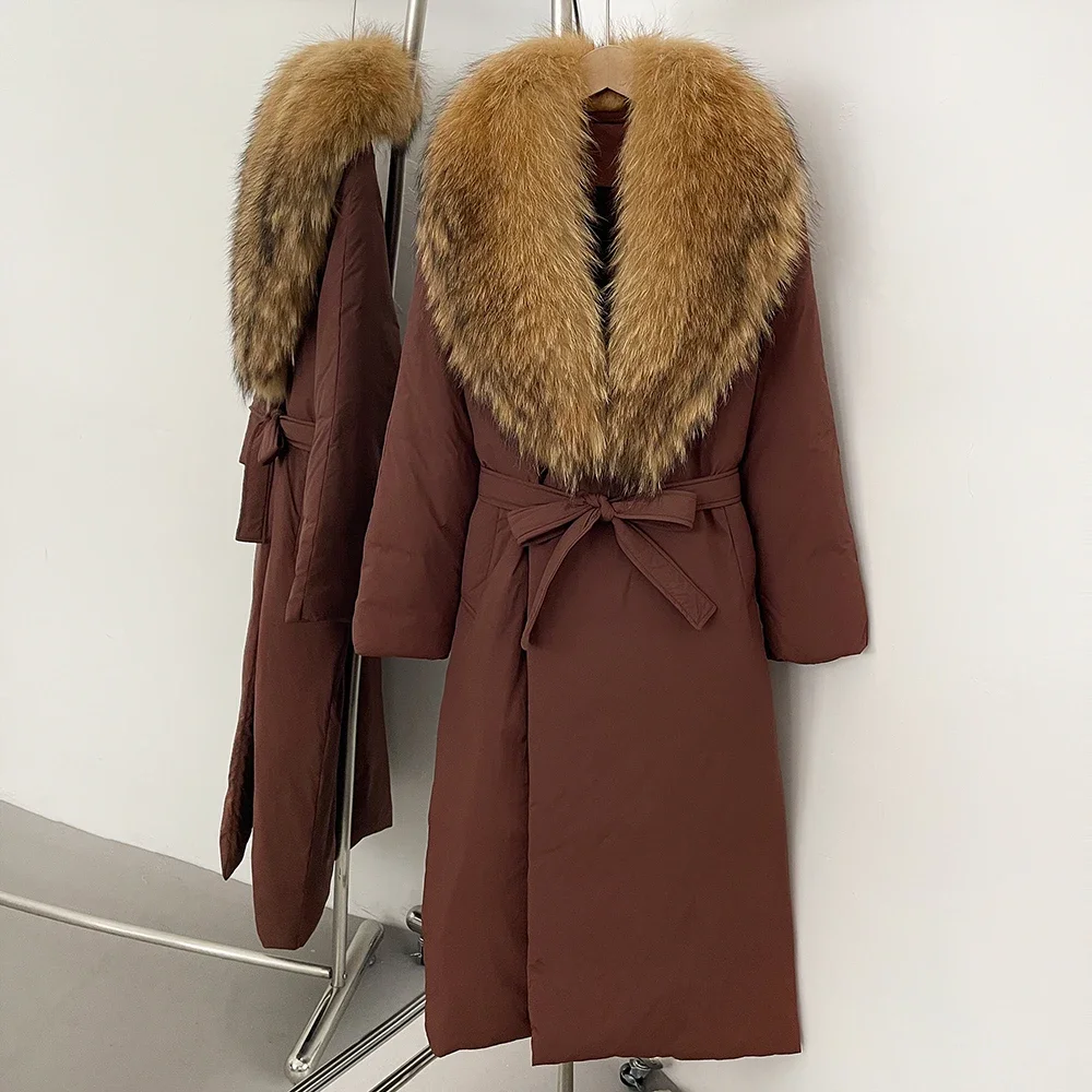 Femmes nouveau hiver blanc canard vers le bas manteau épaissi vraie fourrure veste femme réel col de fourrure de renard moelleux chaud longue doudoune