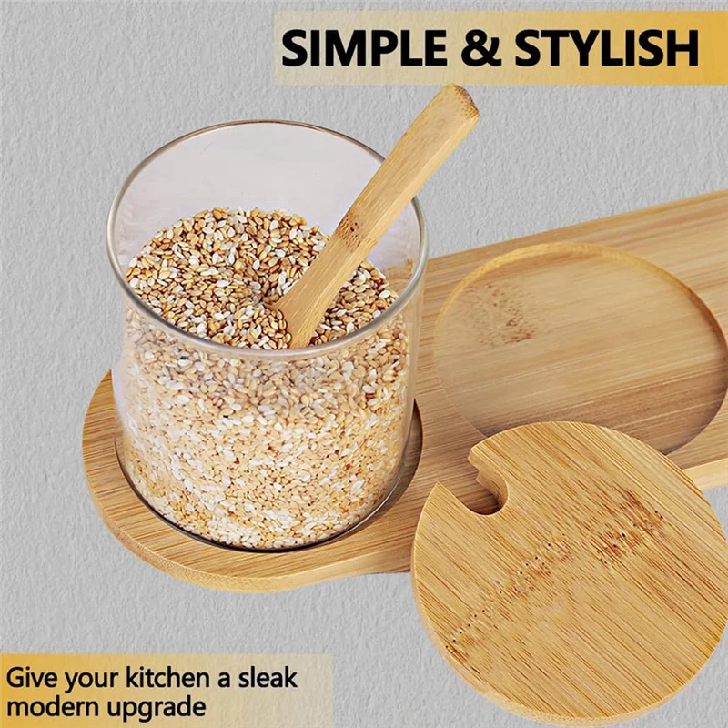 ABBO-Bamboo Condiment Container With Lid And Spoon-Condiment Box Set, Used To Store Condiments, Salt And Sugar.