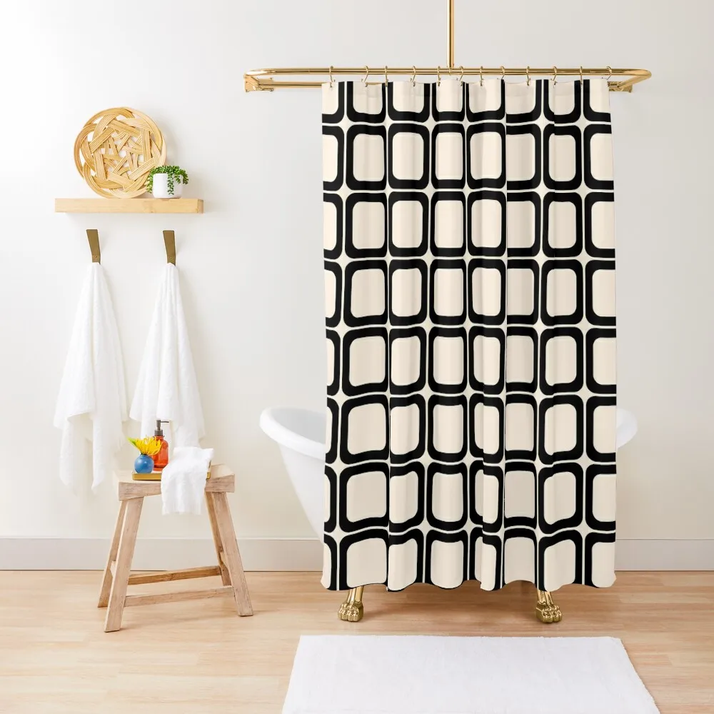 

Retro Tiles Black and Almond Cream Geometric Minimalist Pattern Shower Curtain For Bathroom Shower Curtain