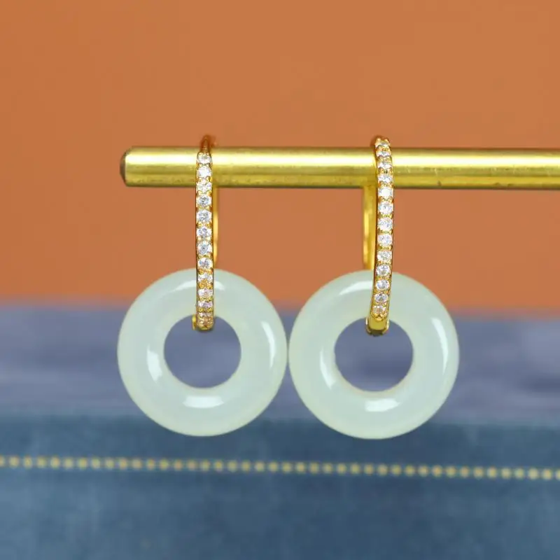 Genuine China Nephrite Stone Hetian Jade Donut Earrings S925 Silver Certified Jewelry Women Elegant Gift For Girlfriend Mom