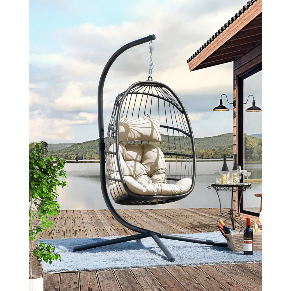

Egg Swing Chair with Stand, Outdoor Hanging Egg Chair with Cushion for Patio/Porch/Balcony/Indoor (Beige), Customized
