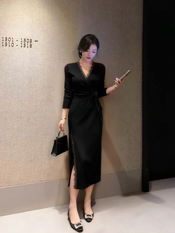 

Sexy Lace Trim Cross Tie Waist Long Dr plus Size High Waist A-Line Skirt Polyester Fiber Long Sve round Ne Dr