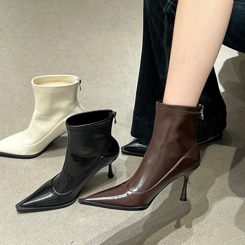 

Zipper Thin Heels Ankle Boots for Women In Spring and Autumn Pointed Toe Stripper Party Botas Mujer Shoes