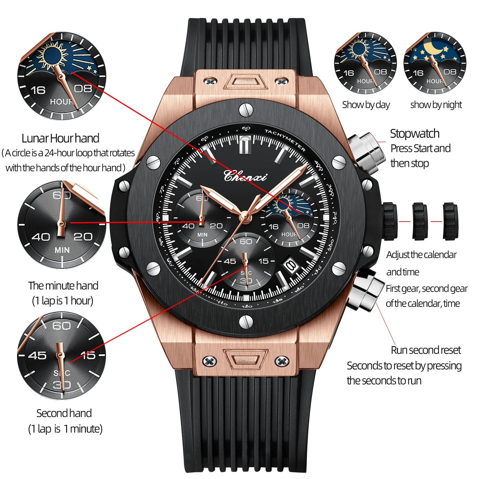 CHENXI 939 New Rivet Cool Multi-functional Men's Moon Phase Timing Calendar Silicone Quartz Watch Men Relógios Masculino