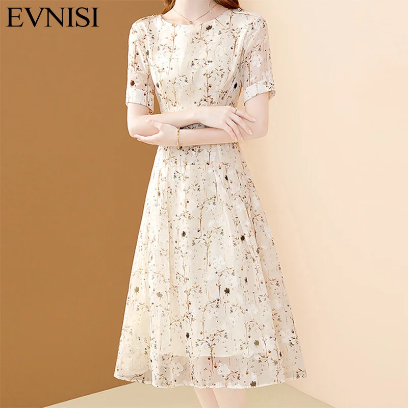 

EVNISI Elegant Women Floral Printing Chiffon Dress Casual Apricot Office A-line Dresses Chic For Women Party Vestido Summer 2023