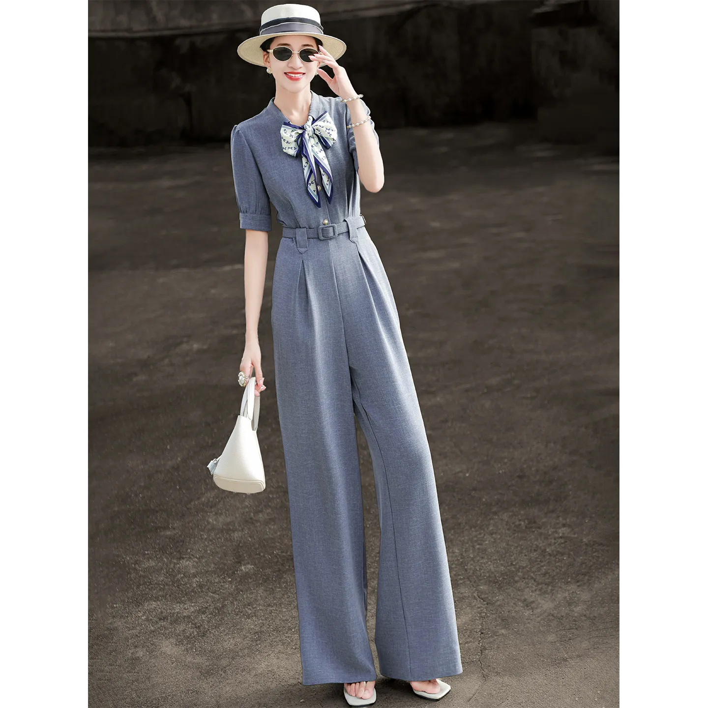 MEXCOCO 2026 Summer New Arrival Elegant Jumpsuit, Bow Neck with Scarf, High-grade Commuter Wide Leg Pants