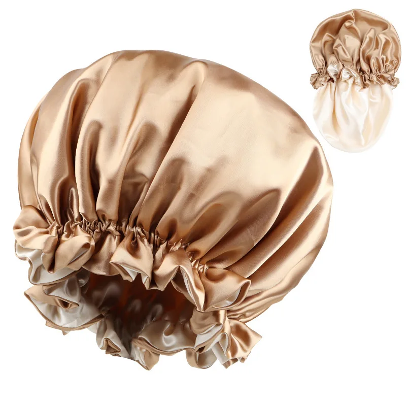 قبعة نوم كبيرة الحجم بطبقة مزدوجة من الدانتيل بلون سادة للعناية بالشعر، قبعة نسائية على شكل قبة من الحرير المقلد