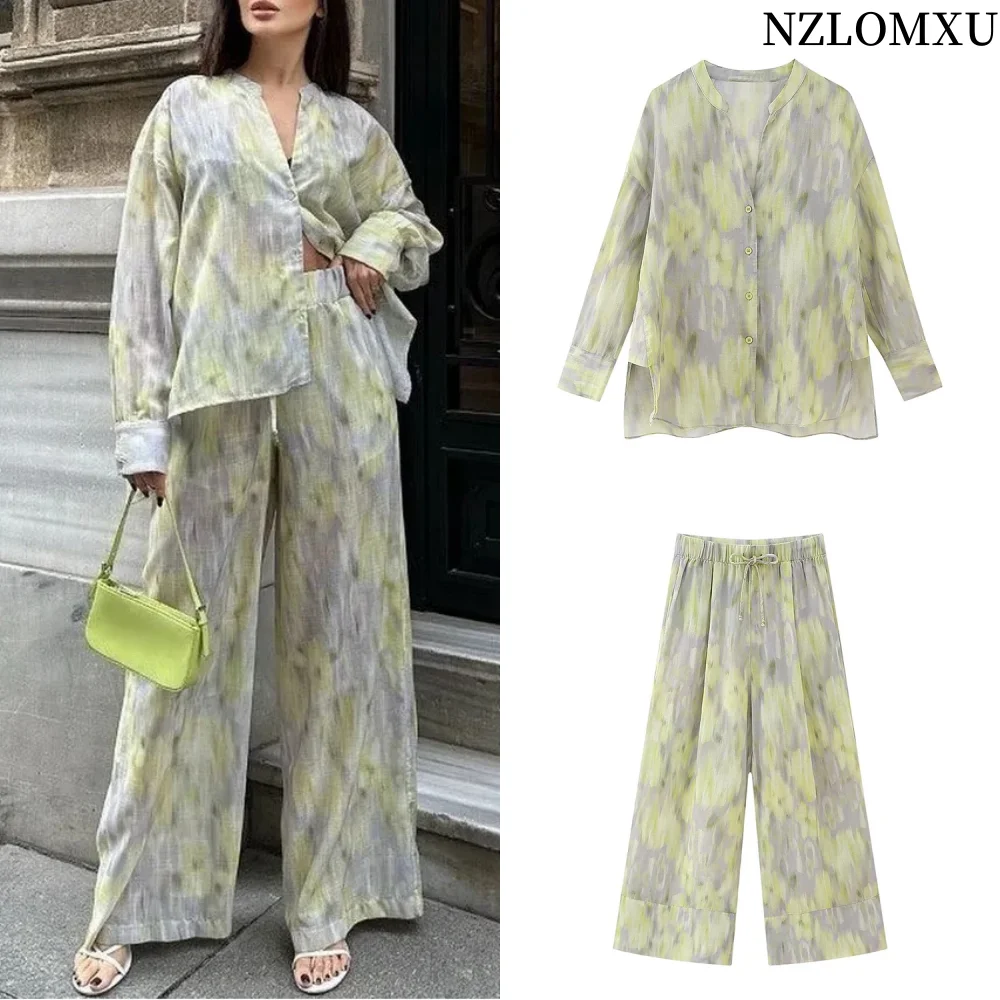 

Women's Tie-Dye Printed Set Lapel Shirt Asymmetric Button Long Sleeve Shirt and Casual High-Waisted Loose Wide-Leg Trousers