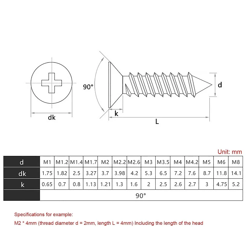 M2 M2.2 M2.6 M3 M3.5 M4 M5 M6 Cross Recessed Countersunk Self-tapping Screw 316 A4 Stainless Steel Phillips Flat Head Wood Screw