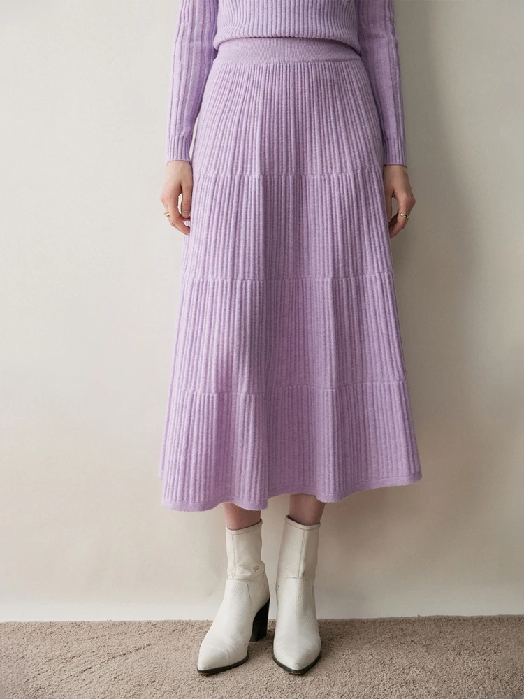 

100% Cashmere Knitted Skirt Autumn Winter Women Elegant Tiered Pleats Slim A-line High Waisted Soild Office Lady Dress High-end