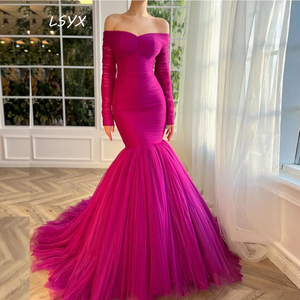 

LSYX Mermaid Off the Shoulder Evening Gown 2024 Pleat Long Sleeves Backless Mono Simple Tulle Prom Dresses Robes De Soiree