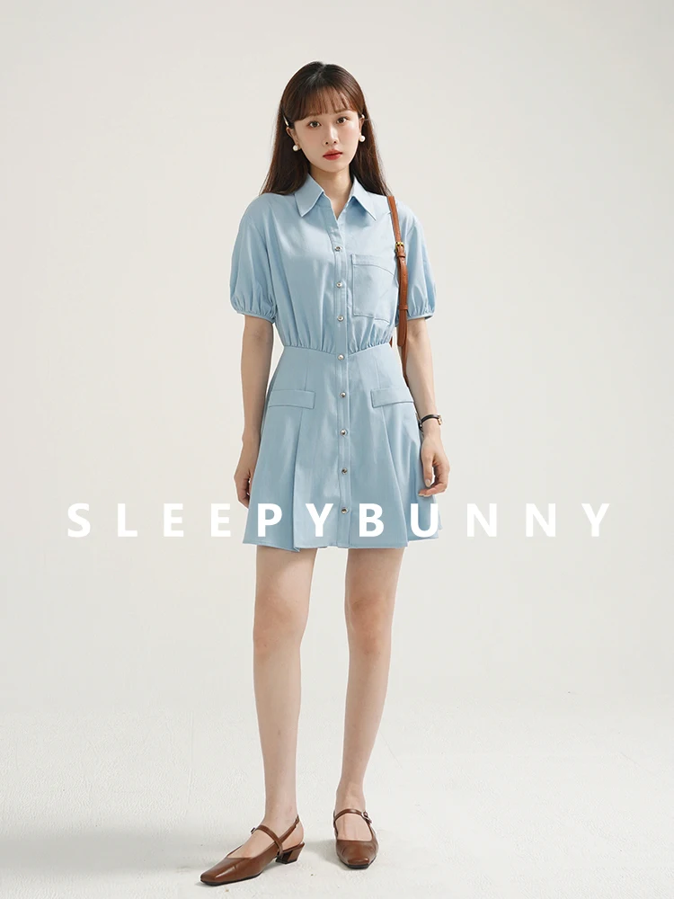 

Pleated Shirt Dress Women Puff Sleeve Button Down Mini Dress Lapel Collar High Waist Short Skirt Outfit Summer Casual Daily Look