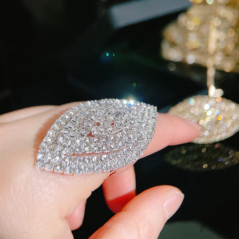 Luxury Shiny Full of Rhinestones Open Ring for Women Fashion Gold Color Adjustable Big Ring Female Wedding Birthday Jewelry Gift